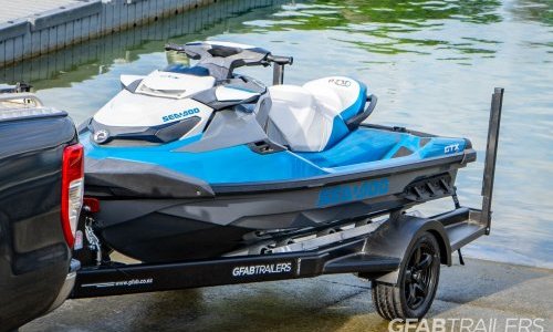 GFAB Alloy Single Black Jet Ski Trailer - front view with Sea Doo GTX