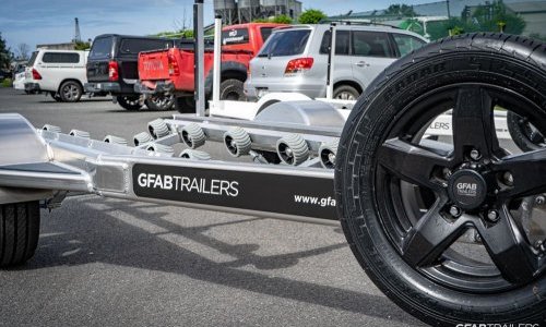 GFAB Alloy Single Jet Ski Trailer - front view with spare wheel GFAB Alloy Single Jet Ski Trailer - front view with spare wheel