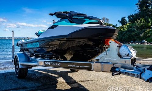 GFAB Alloy Single Jet Ski Trailer - front view with Sea doo GTX Pro GFAB Alloy Single Jet Ski Trailer - front view with Sea doo GTX Pro