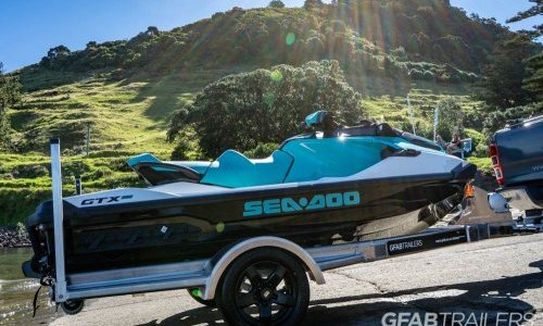 GFAB Alloy Single Jet Ski Trailer - side view with Sea doo GTX Pro GFAB Alloy Single Jet Ski Trailer - side view with Sea doo GTX Pro