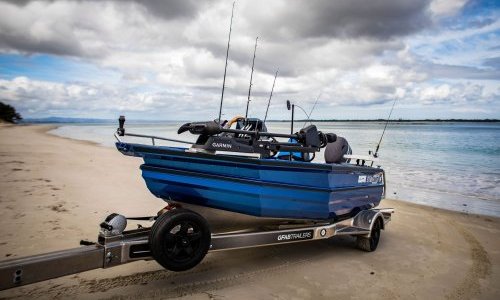 GFAB Alloy Small Boat Trailer - Side View, Stabicraft 1450 with pull-out drawbar beach launching GFAB Alloy Small Boat Trailer - Side View, Stabicraft 1450 with pull-out drawbar beach launching